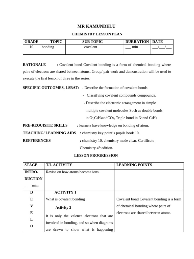 Grade 10 Covalent Bonding Lesson Plan | PDF | Chemical Bond | Covalent Bond
