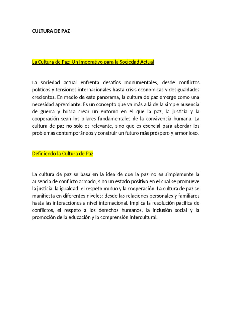 Importancia de la Cultura de Paz | PDF | Calidad de vida | Paz