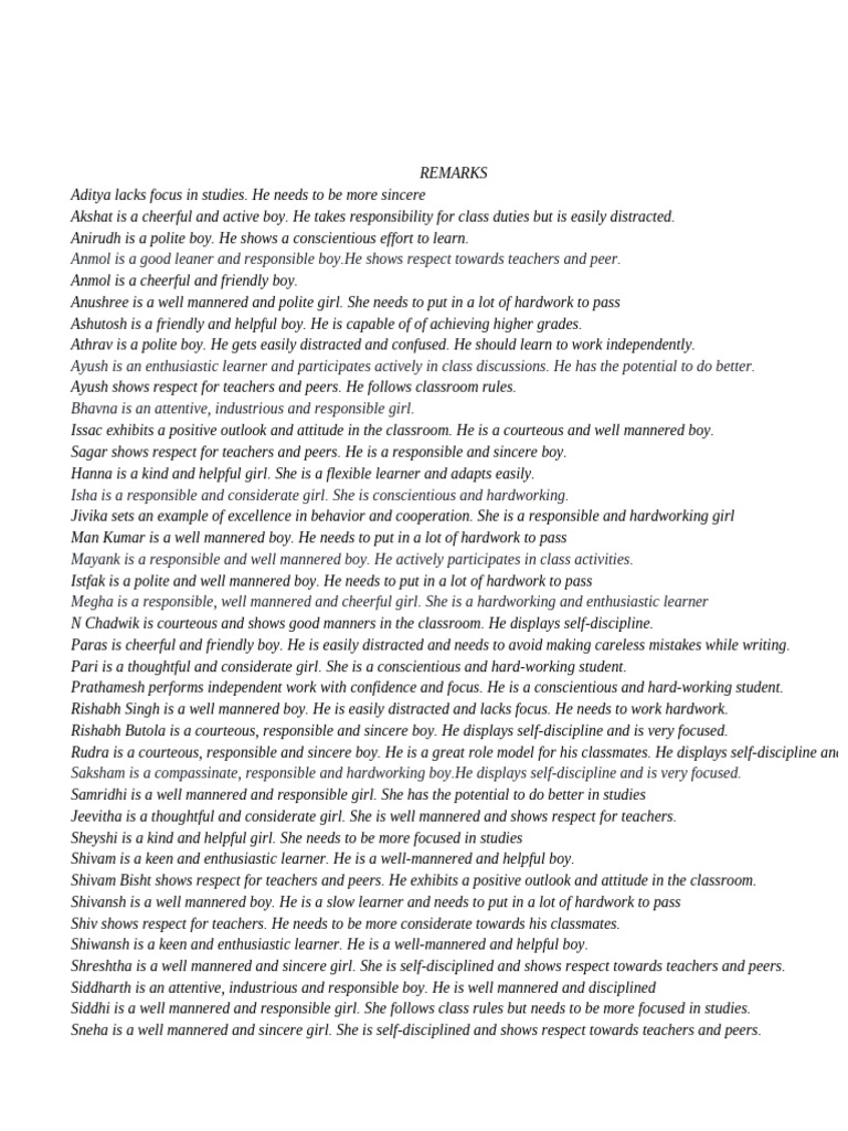 Student Discipline Remarks Summary | PDF | Disciplines | Change