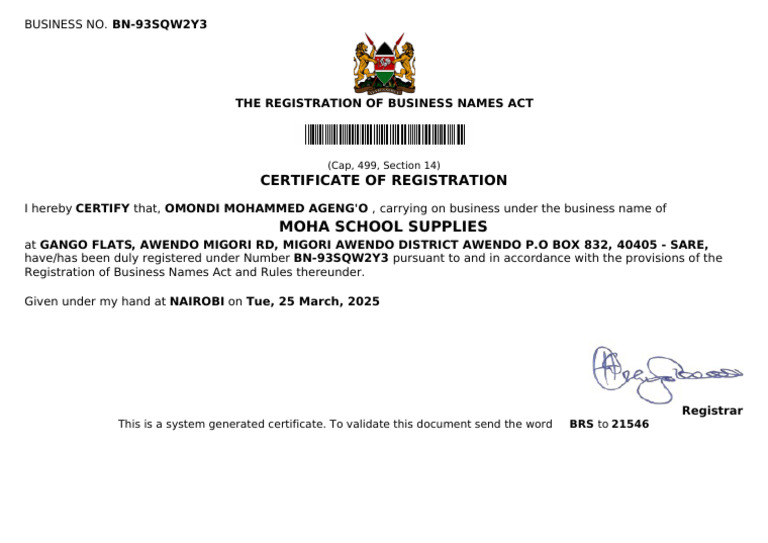 Business Name Registration Certificate | PDF