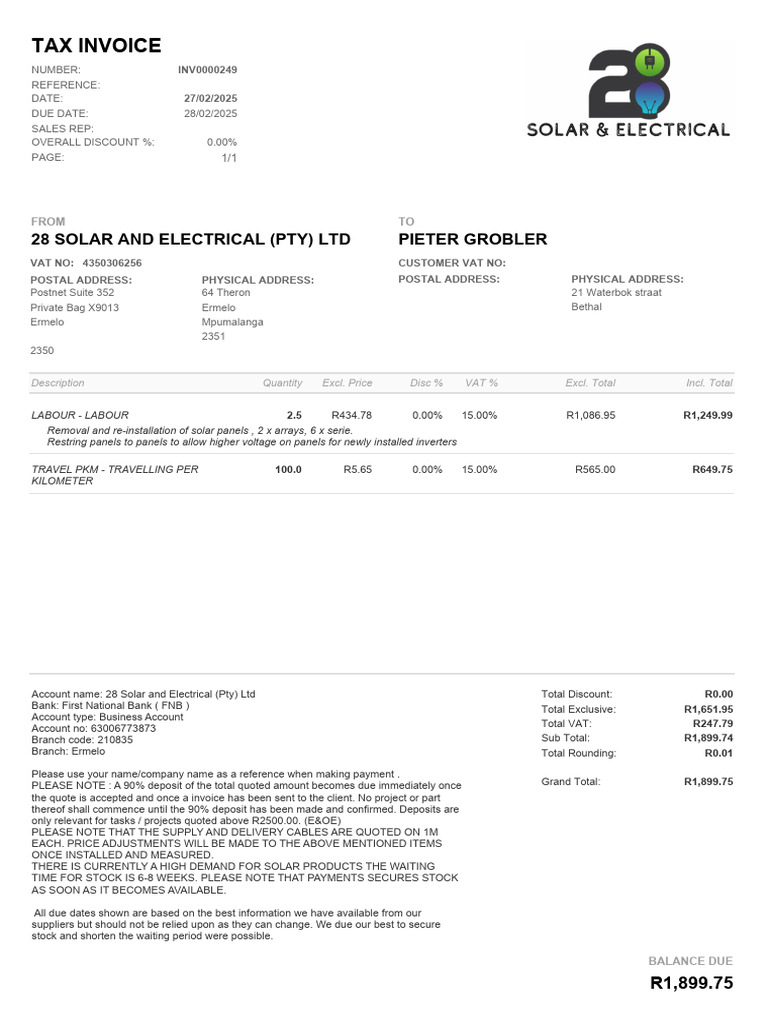 FNB Bethal Invoice for Solar Services | PDF | Invoice | Value Added Tax