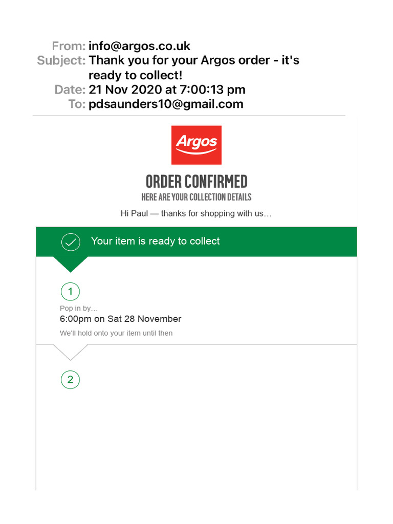 Thank You For Your Argos Order - It's Ready To Collect! | PDF