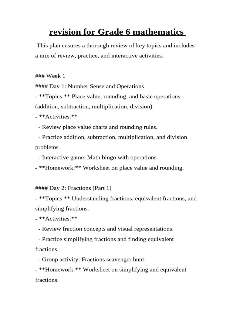 Revision Plan For SIXTH Grade | PDF | Area | Ratio