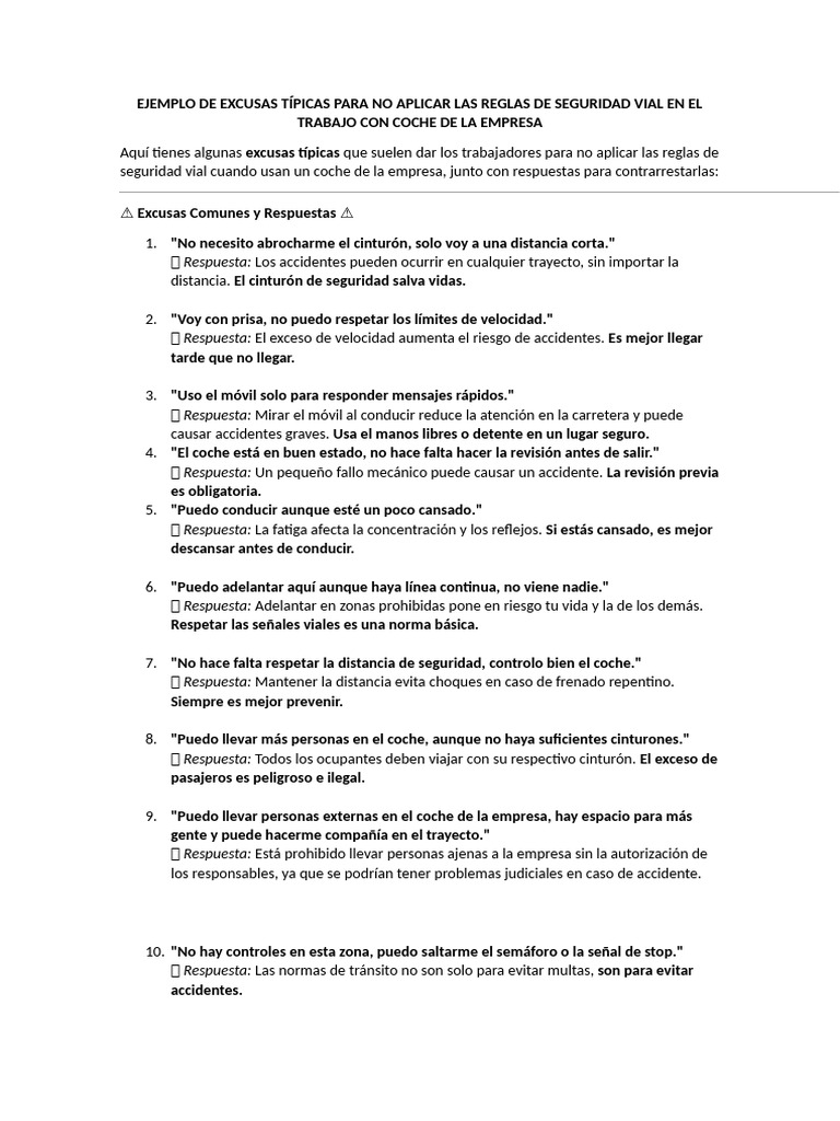 Ejemplo de Excusas Típicas para No Aplicar Las Reglas de Seguridad Vial ...