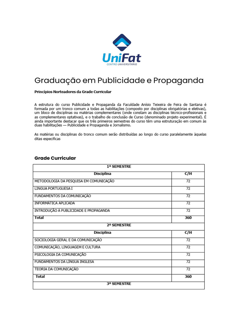 Grade Curricular de Publicidade e Propaganda | PDF | Comunicação ...