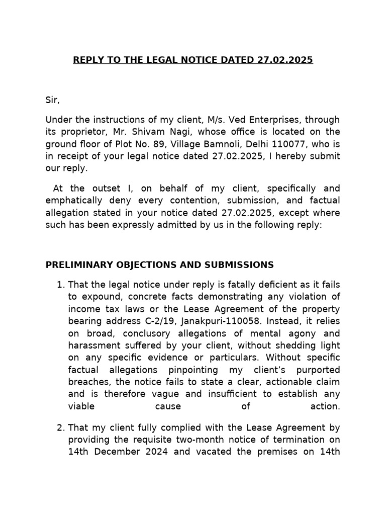 Reply to Legal Notice Dated 27.02.2025 | PDF | Lease | Common Law