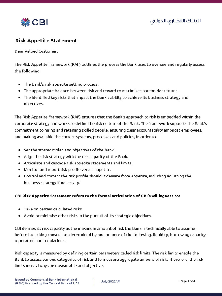 CBI Risk Appetite Framework Overview | PDF | Banks | Risk