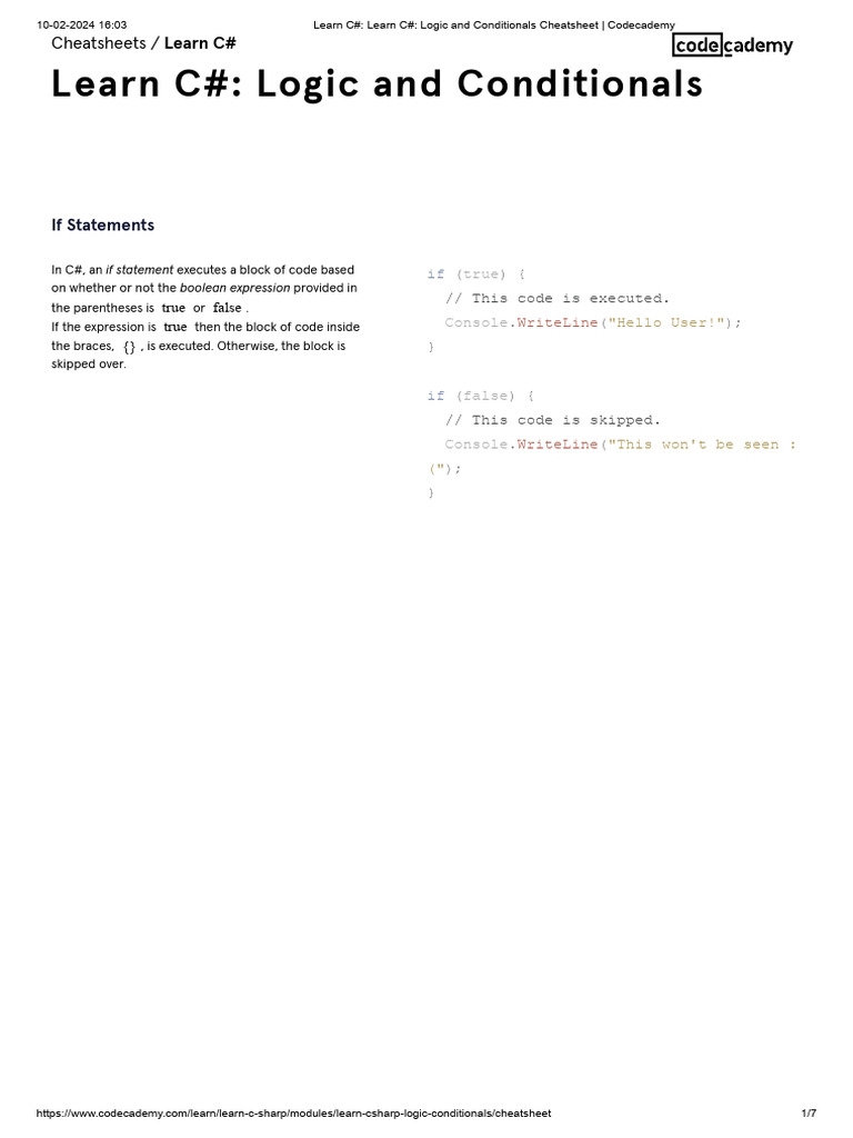 Learn C# - Learn C# - Logic and Conditionals Cheatsheet - Codecademy ...