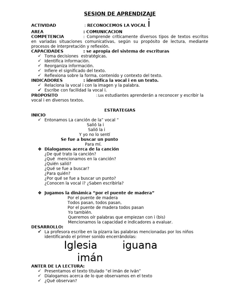 Reconocimiento de la vocal i | PDF | Comprensión lectora | Aprendizaje