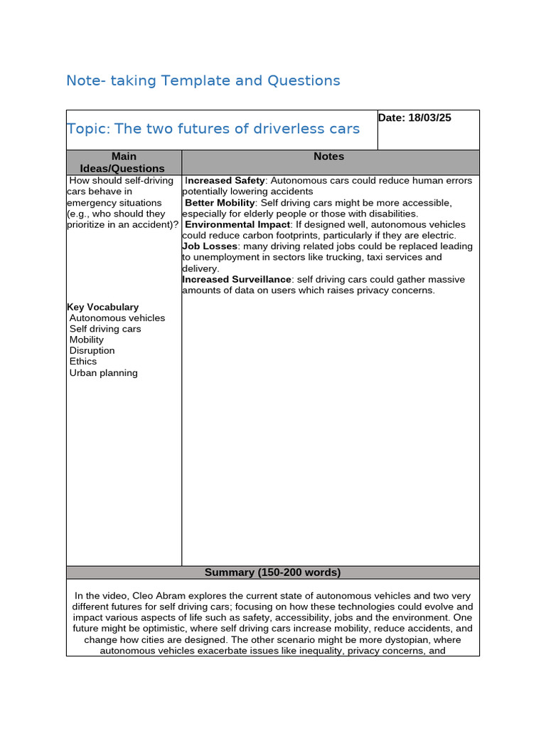Note-Taking and Question Document - The Two Futures of Driverless Cars ...