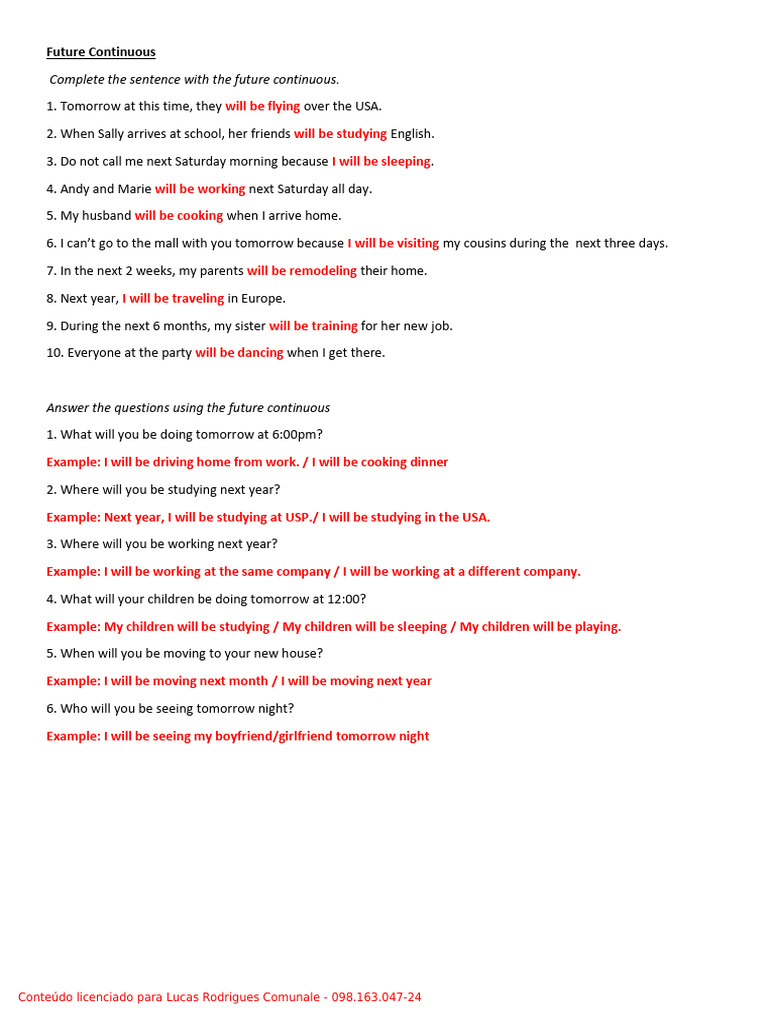 Future Continuous Tense Exercises | PDF