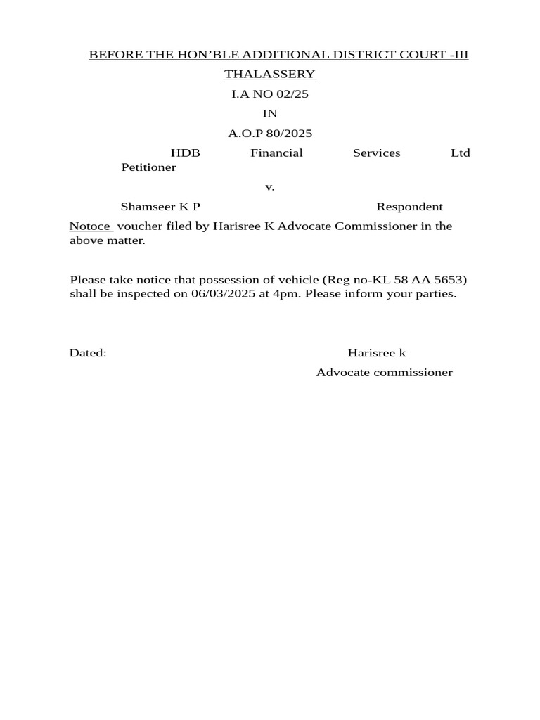 Vehicle Possession Inspection Notice | PDF