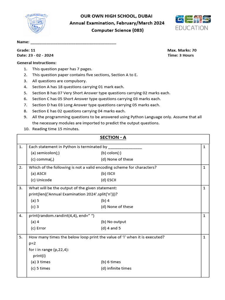 Dubai High School Computer Science Exam 2024 | PDF | Computer ...