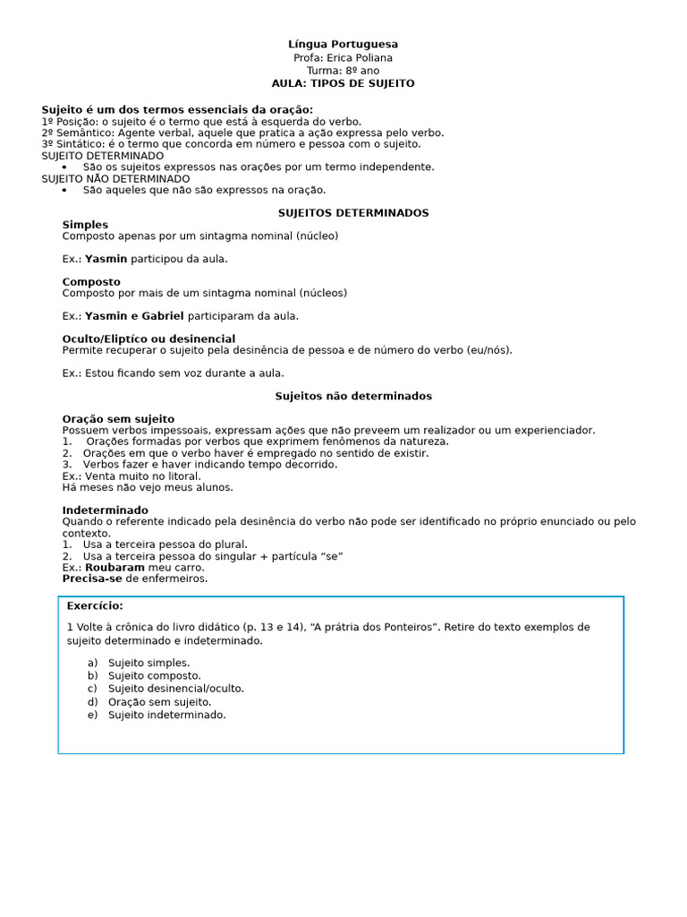 Tipos de Sujeito na Língua Portuguesa | PDF