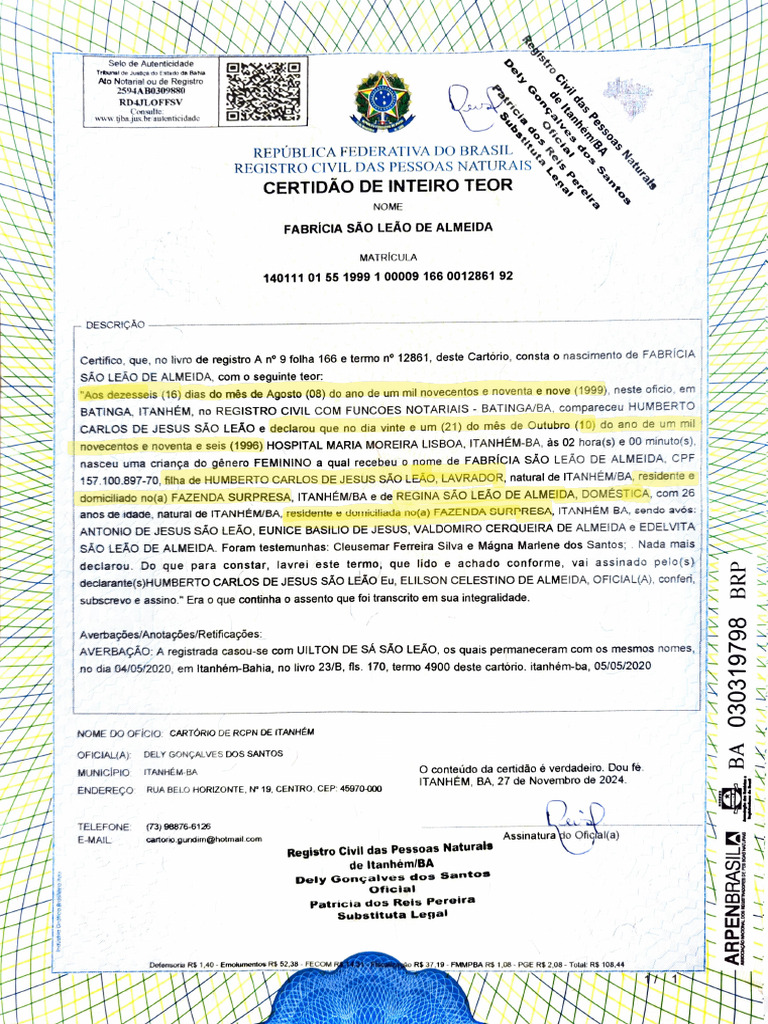 Certidão Inteiro Teor - Fabricia | PDF