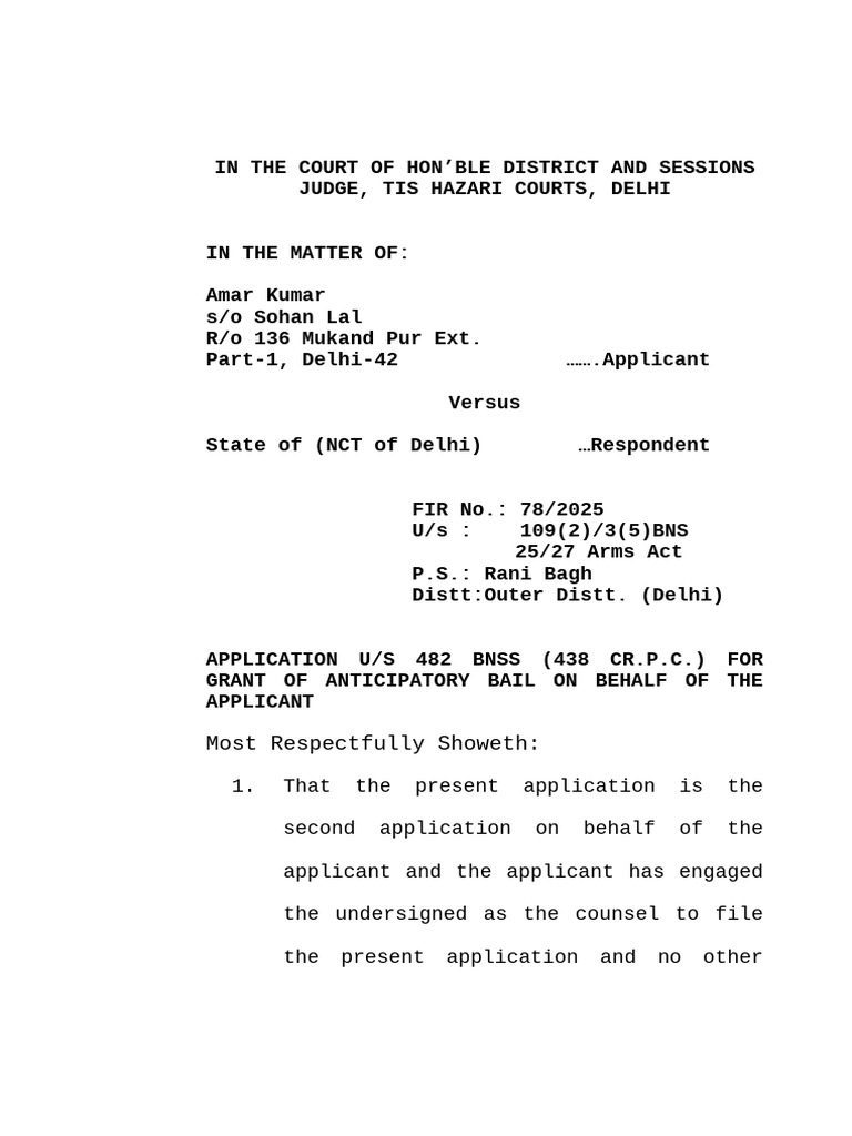 Anticipatory Bail Application Delhi 2025 | PDF | Bail | Justice