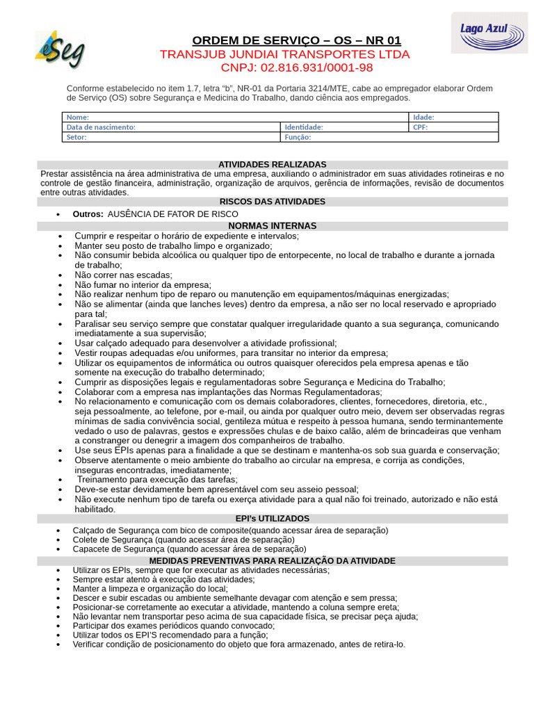 Ordem de Serviço NR 01 - Segurança do Trabalho | PDF | Segurança e ...