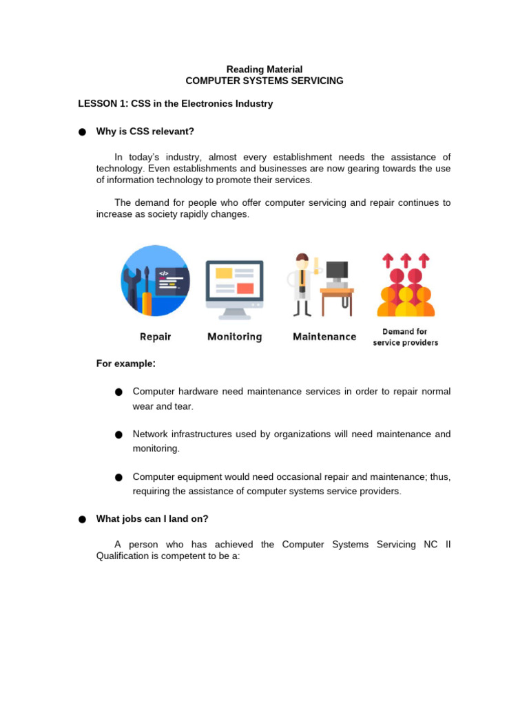 Computer Systems Servicing Overview | PDF | Occupational Safety And ...
