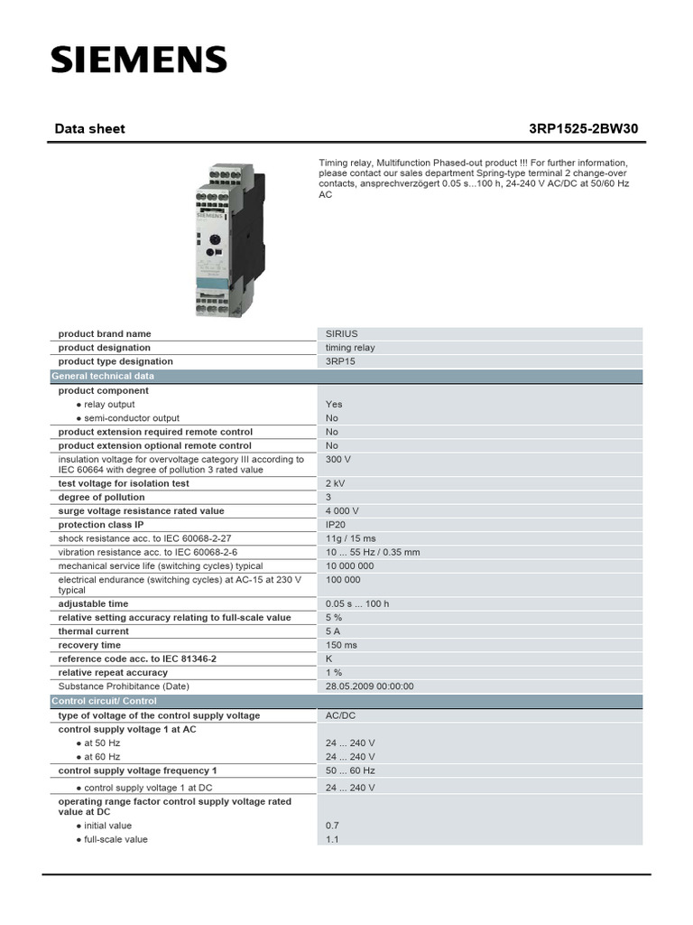 3RP15252BW30 Datasheet en | PDF | Relay | Alternating Current