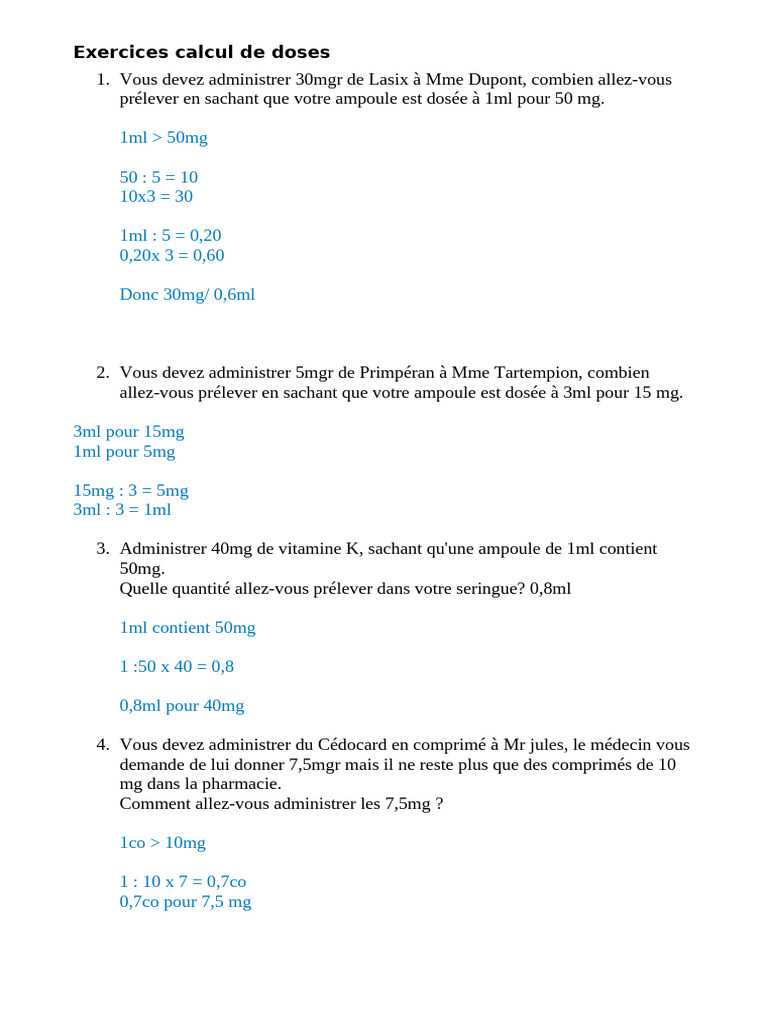 Exercices de calcul de doses médicales PDF Pharmacologie — free download