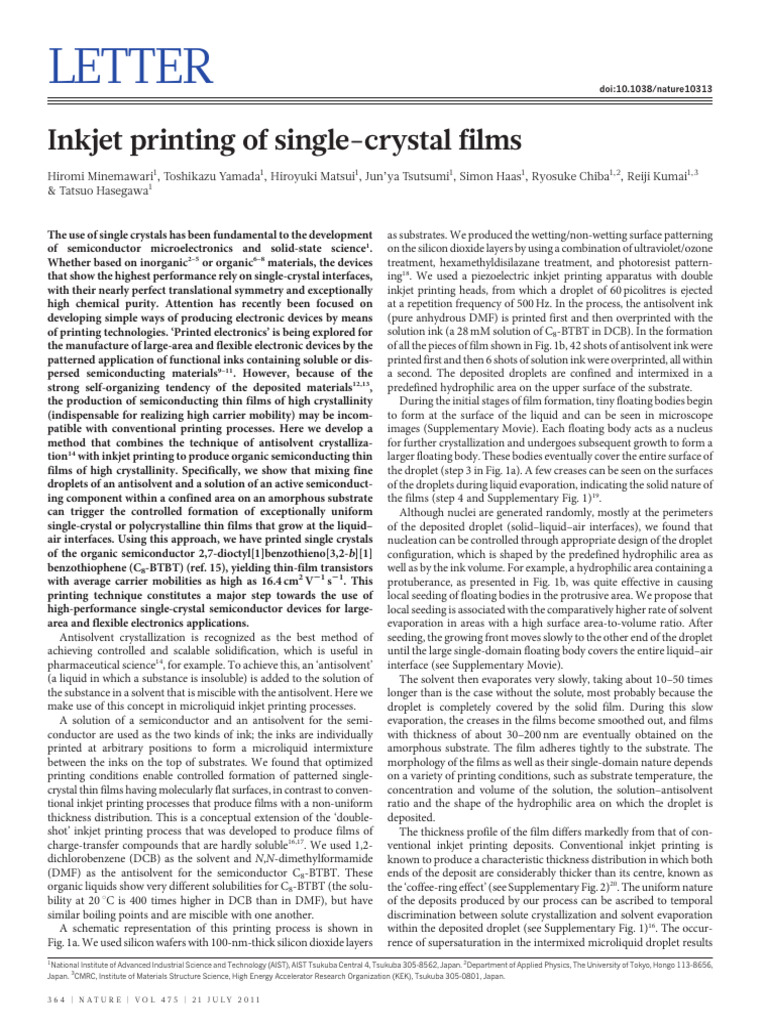 Inkjet Printing of High-Quality Crystals | PDF | Single Crystal | Thin Film