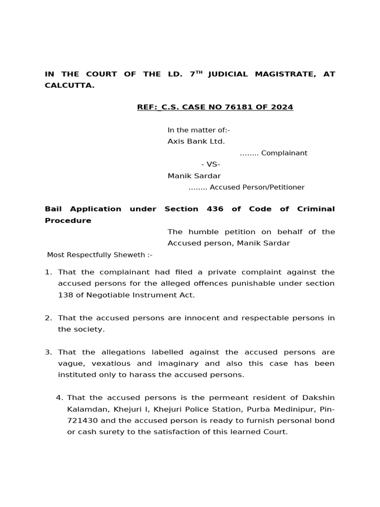 Bail Application for Manik Sardar Case | PDF | Bail | Judiciaries