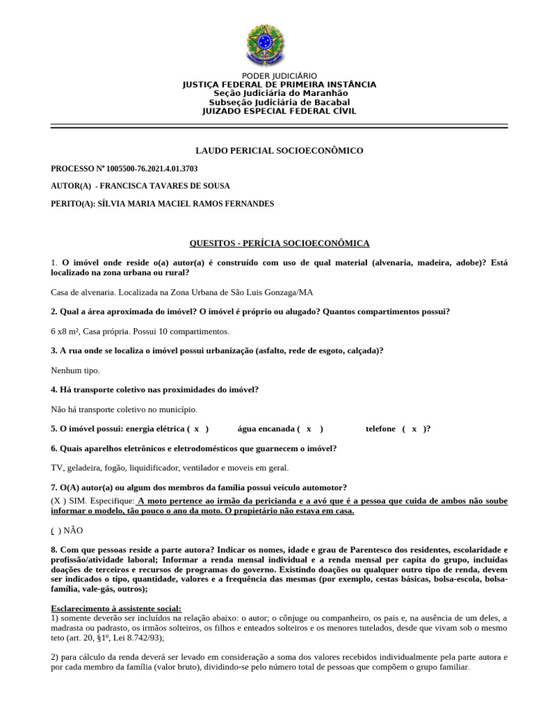 Laudo Pericial Socioeconômico de Bacabal | PDF | Família