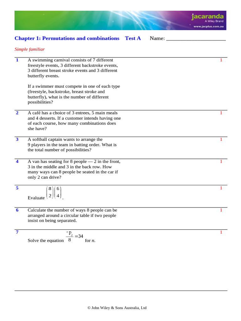Jacaranda Test A | PDF | Mathematics