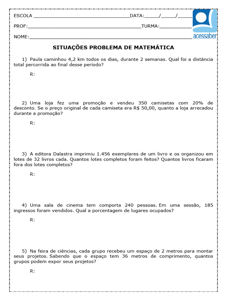 Atividade de Matematica - Situacoes Problema Com Regra de Tres 7 Ano e ...