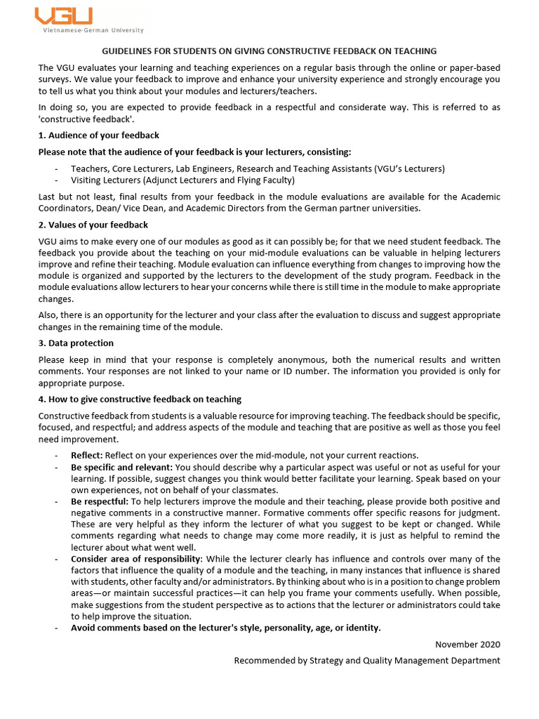 2020 - Guidelines To Students On Giving Constructive Feedback On ...