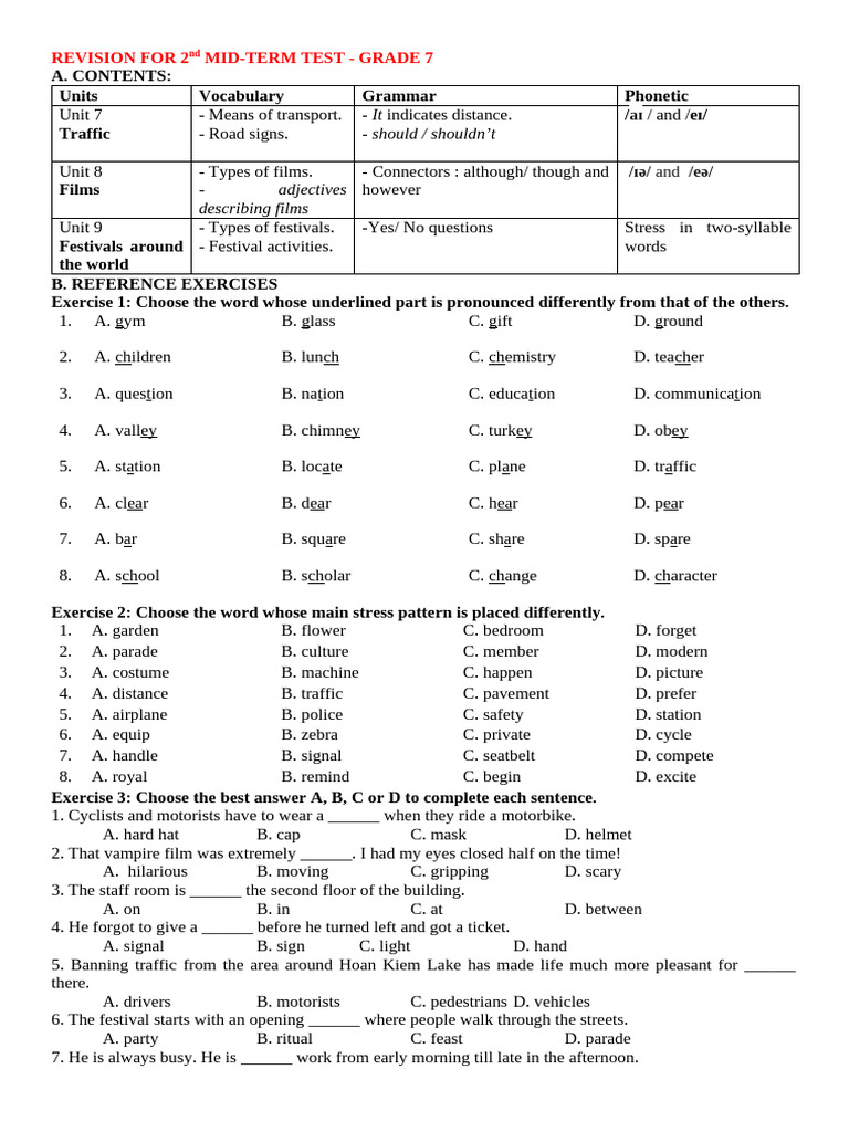 Grade 7 Mid-Term Test Revision Guide | PDF | Traffic | Festival