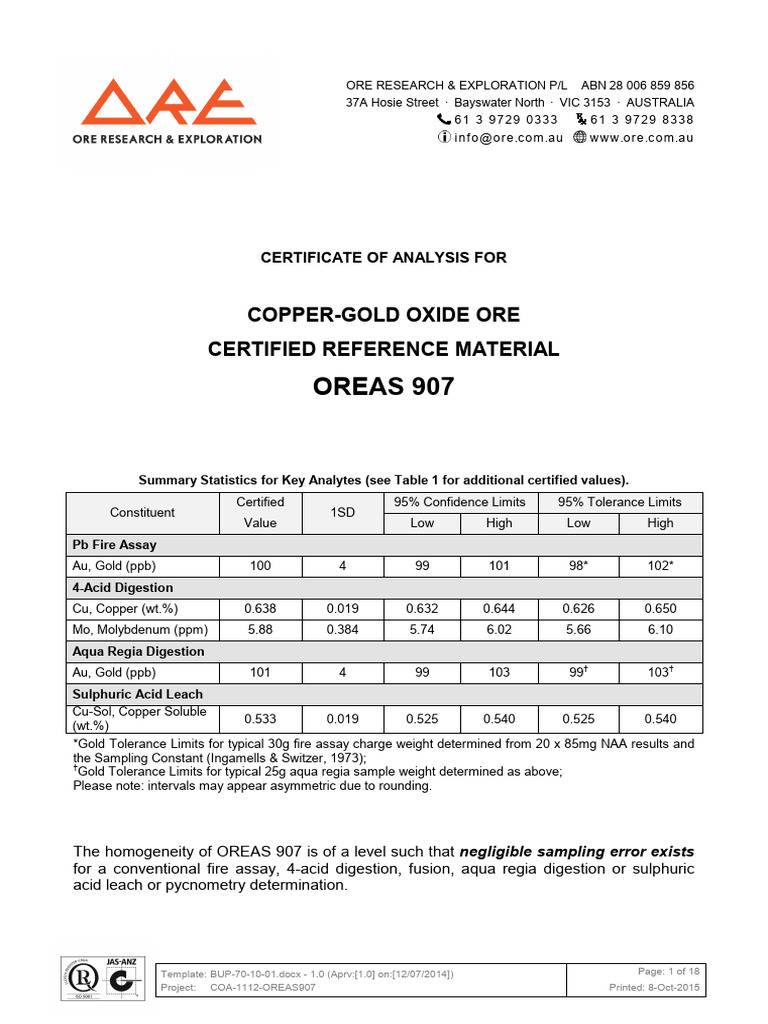 Certificate of Analysis for OREAS 907 | PDF | Outlier | Standard Deviation