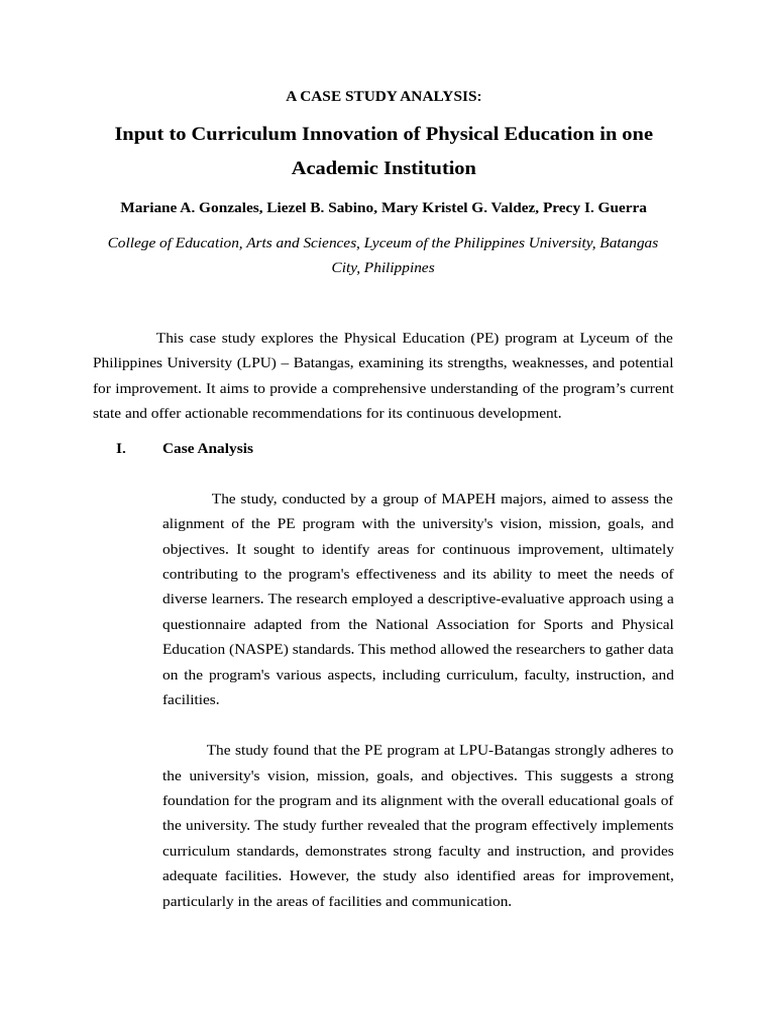 Case Study Analysis Final | PDF | Physical Education | Curriculum