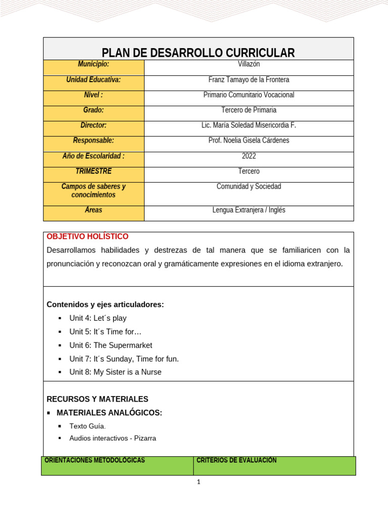 Plan Curricular Inglés Tercero Primaria | PDF | Idioma en Inglés ...