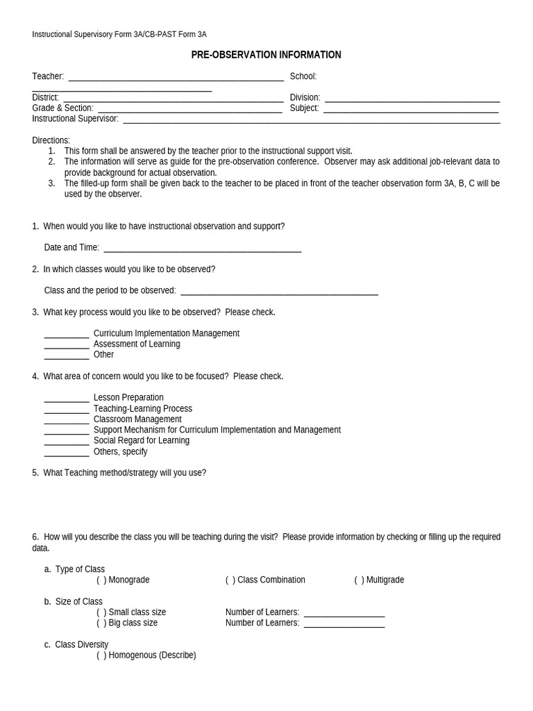 Pre-Observation Instructional Support Form | PDF | Teachers | Curriculum