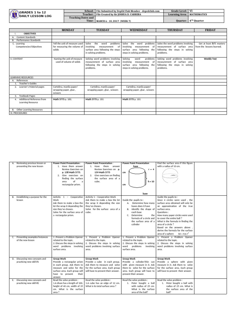 Grade 6 Math Lesson Plan: Surface Area | PDF | Area | Sphere