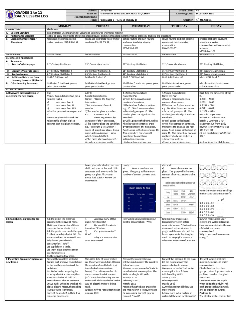 Grade VI Math Daily Lesson Log | PDF | Mathematics | Learning