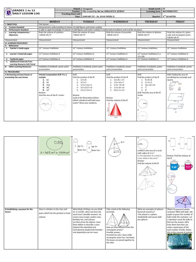 Grade VI Math Daily Lesson Log | PDF | Volume | Area