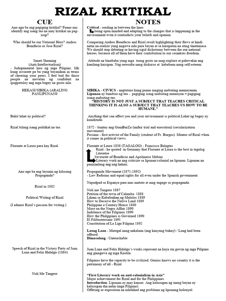 Rizal Cue Notes | PDF