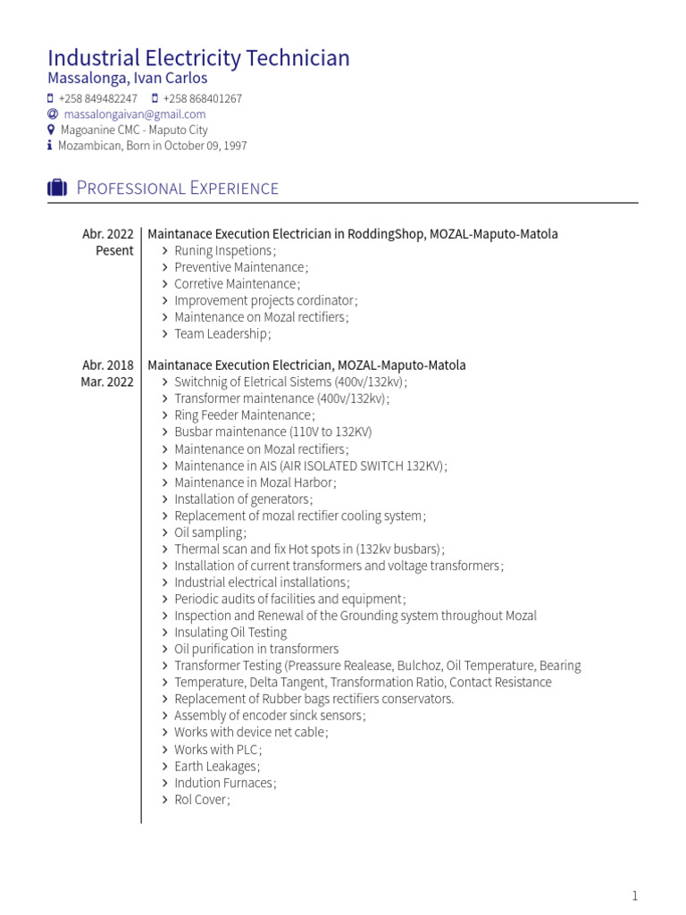 Industrial Electricity Technician Resume | PDF | Transformer | Rectifier