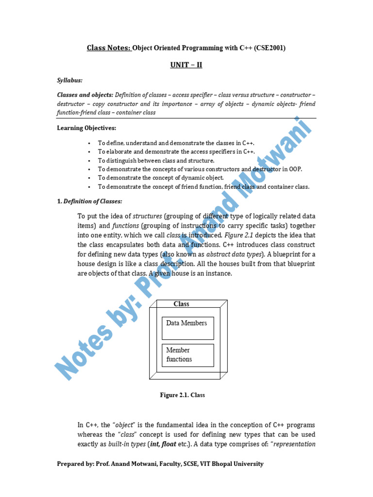 Notes - CSE2001 - OOP - With - C++ - Unit II | PDF | Class (Computer ...