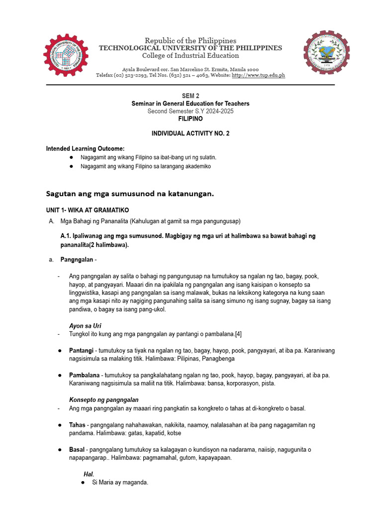 WRITTEN ACTIVITY NO. 2 (Filipino) | PDF