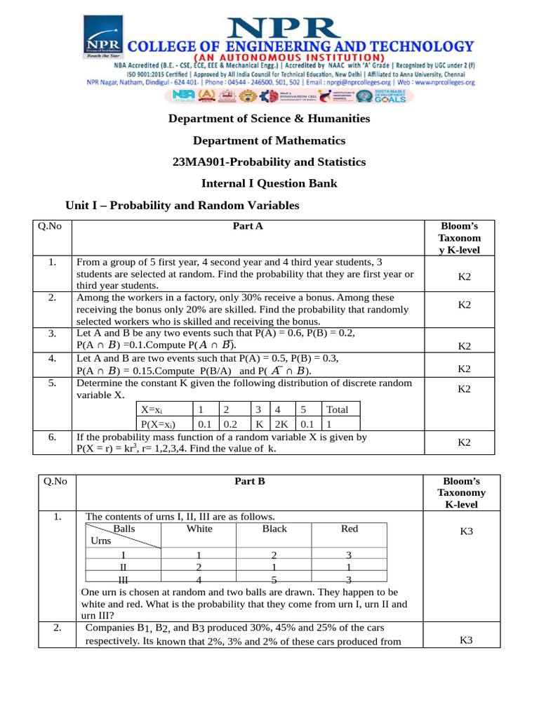 23ma901 P&s Internal I QB | PDF | Probability Distribution ...
