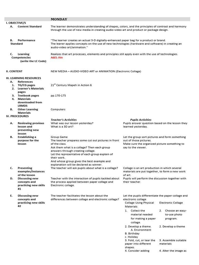 Lesson-PLan in Arts - Lesson 6-10 | PDF | Learning | Collage