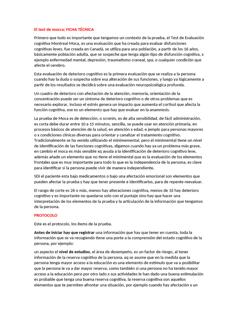 Test de Evaluación Cognitiva MoCA | PDF | Memoria | Depresión (estado ...