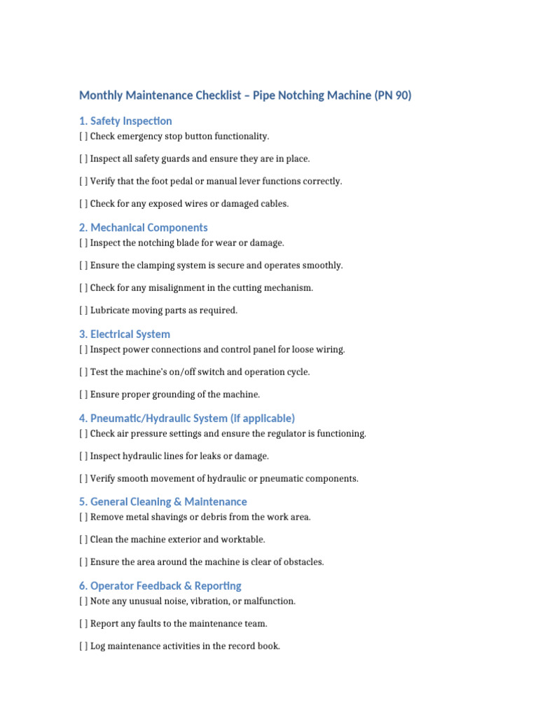 Pipe Notching Machine Monthly Checklist | PDF