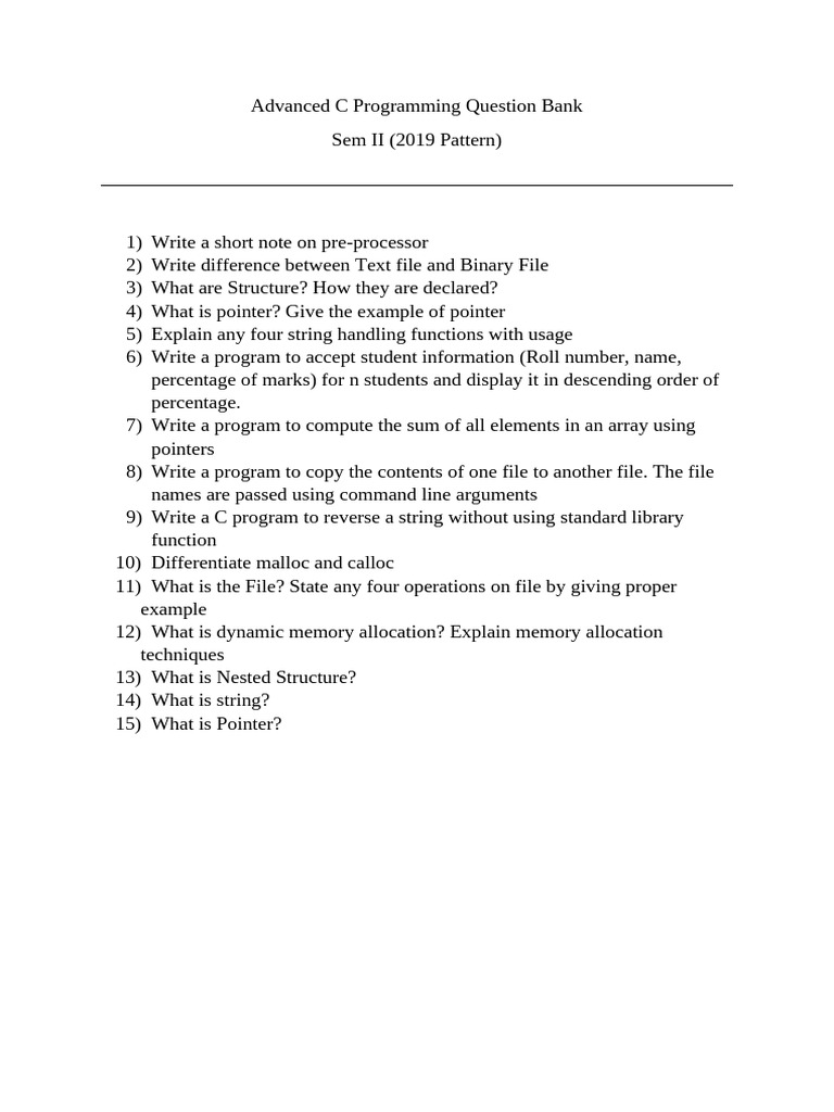 Advanced C Programming Questions Bank | PDF