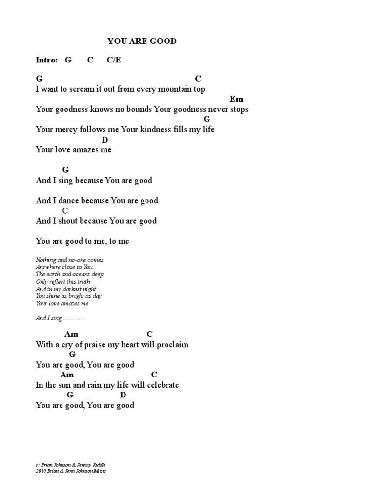 You Are Good Chords G Pdf Entertainment General