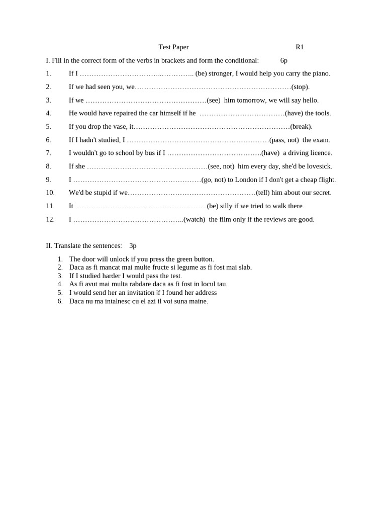 Conditional Verb Test Paper | PDF