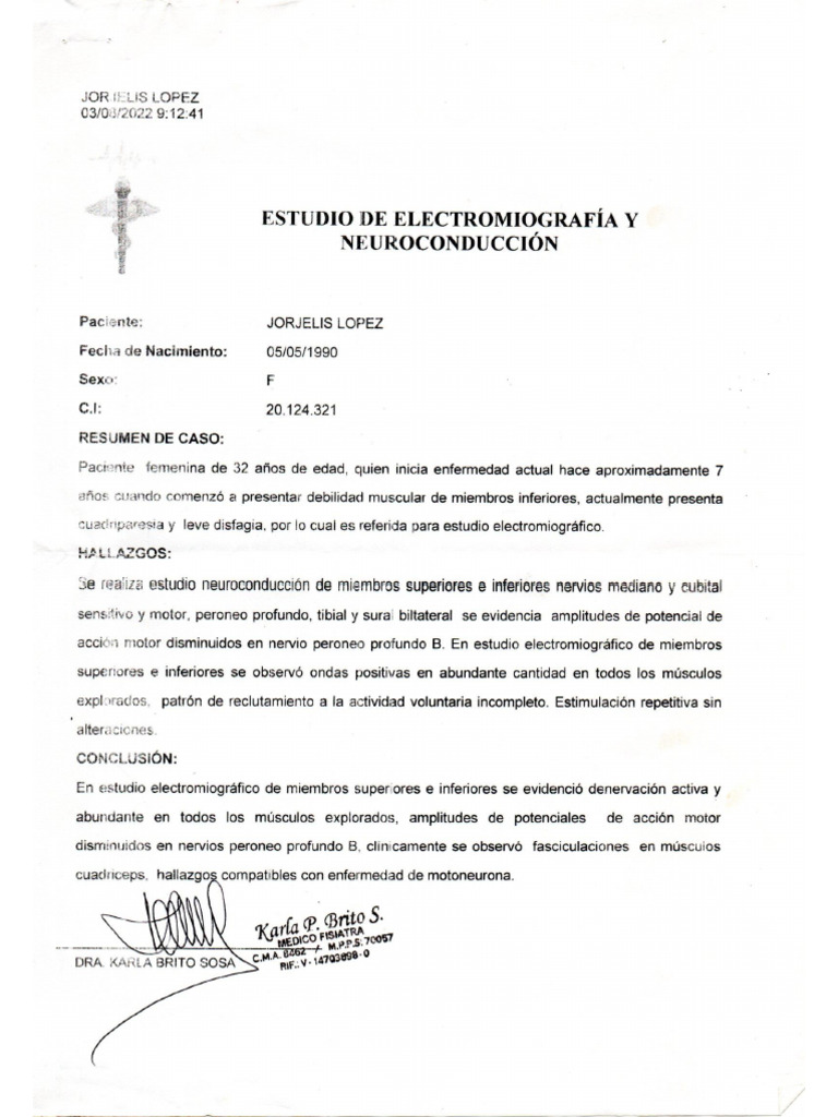 Estudio de Electromiografia y Neuroconduccion Jorjelis Lopez | PDF